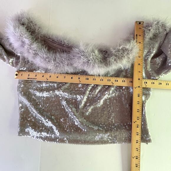 Forever 21 Faux Fur Trim Off Shoulder Sequin Crop Top Sz 3X Lavender Stretch - Picture 11 of 14